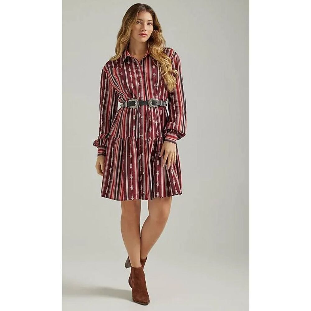 Striped Burgundy Shirt Dress with Tie Waist